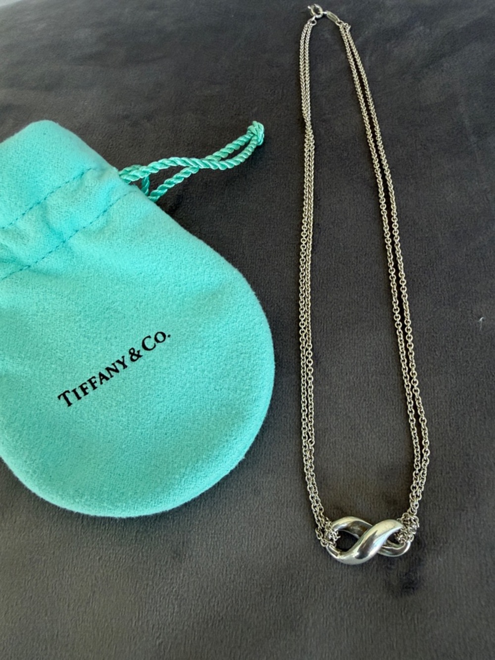 Tiffany & Co. Sterling Silver Infinity Double Chain Pendant Necklace 16” w/pouch